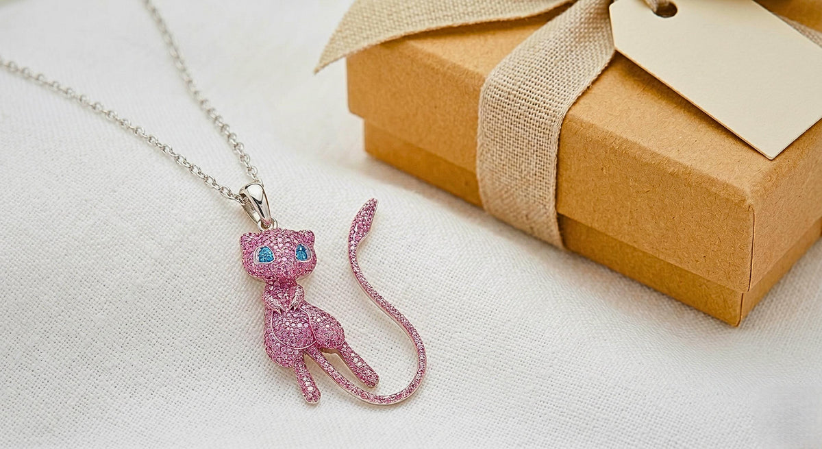 Iced Out Pink Mew Pendant, 925 Sterling Silver Anime Jewelry, Custom Hip Hop Necklace, Kawaii Gamer Gift, Nostalgic Charm , gift for her/him