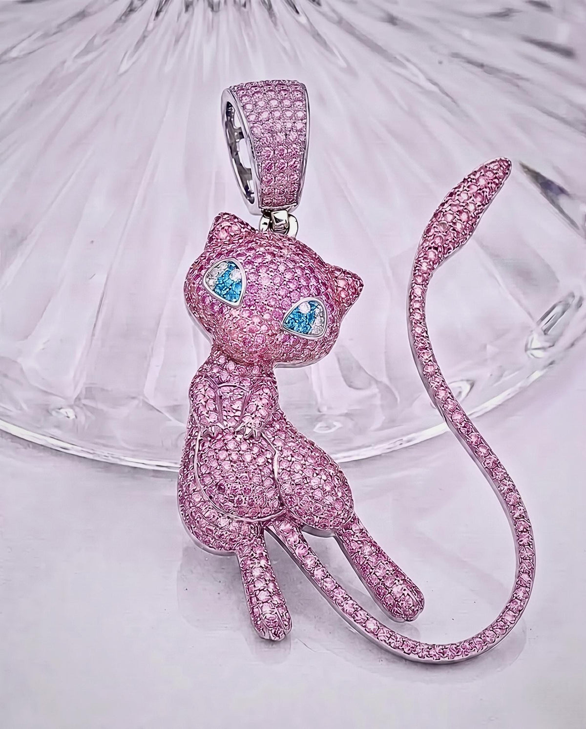 Iced Out Pink Mew Pendant, 925 Sterling Silver Anime Jewelry, Custom Hip Hop Necklace, Kawaii Gamer Gift, Nostalgic Charm , gift for her/him