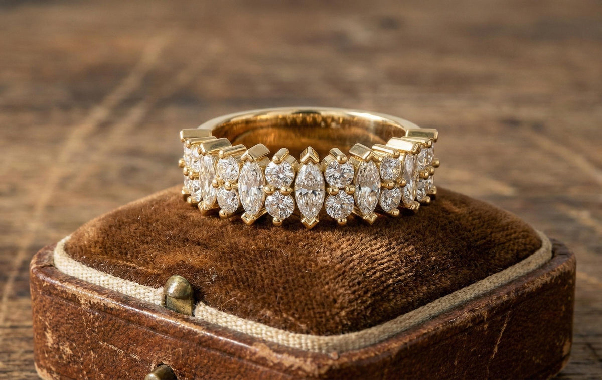 925 Sterling Silver Marquise & Round Cut Diamond Band Ring, Gold Vermeil Eternity Band, Stackable Wedding Ring, Anniversary Gift for Her,