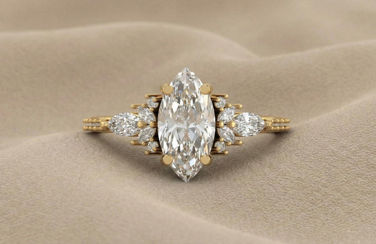 Marquise Moissanite Engagement Ring, Vintage Leaf Design, 925 Sterling Silver