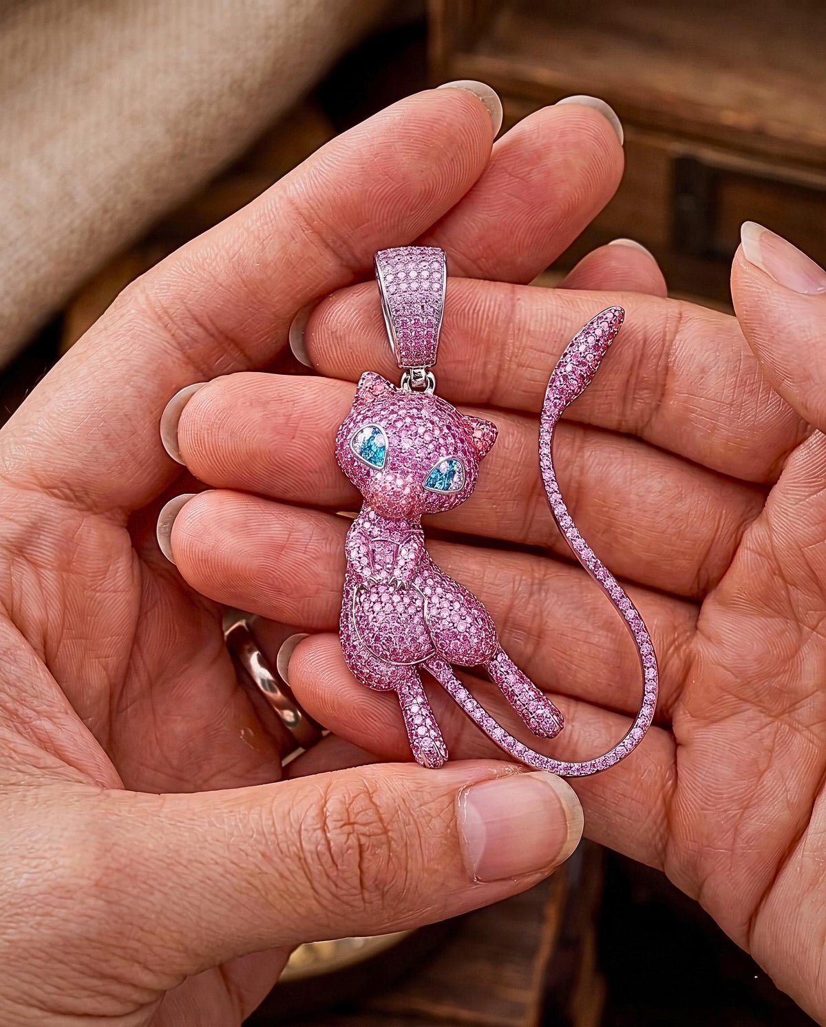 Iced Out Pink Mew Pendant, 925 Sterling Silver Anime Jewelry, Custom Hip Hop Necklace, Kawaii Gamer Gift, Nostalgic Charm , gift for her/him