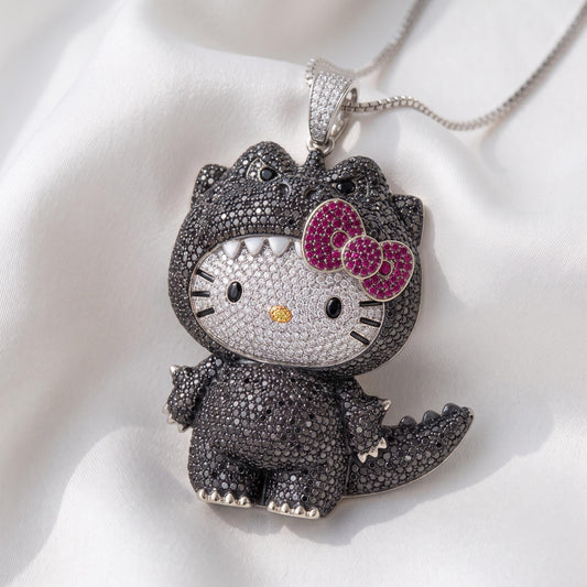 Rare Iced Out Kitty x Godzilla Pendant | 925 Sterling Silver, Yellow & Rose Gold Plated | Custom Monster Cat Charm Gift For her/him