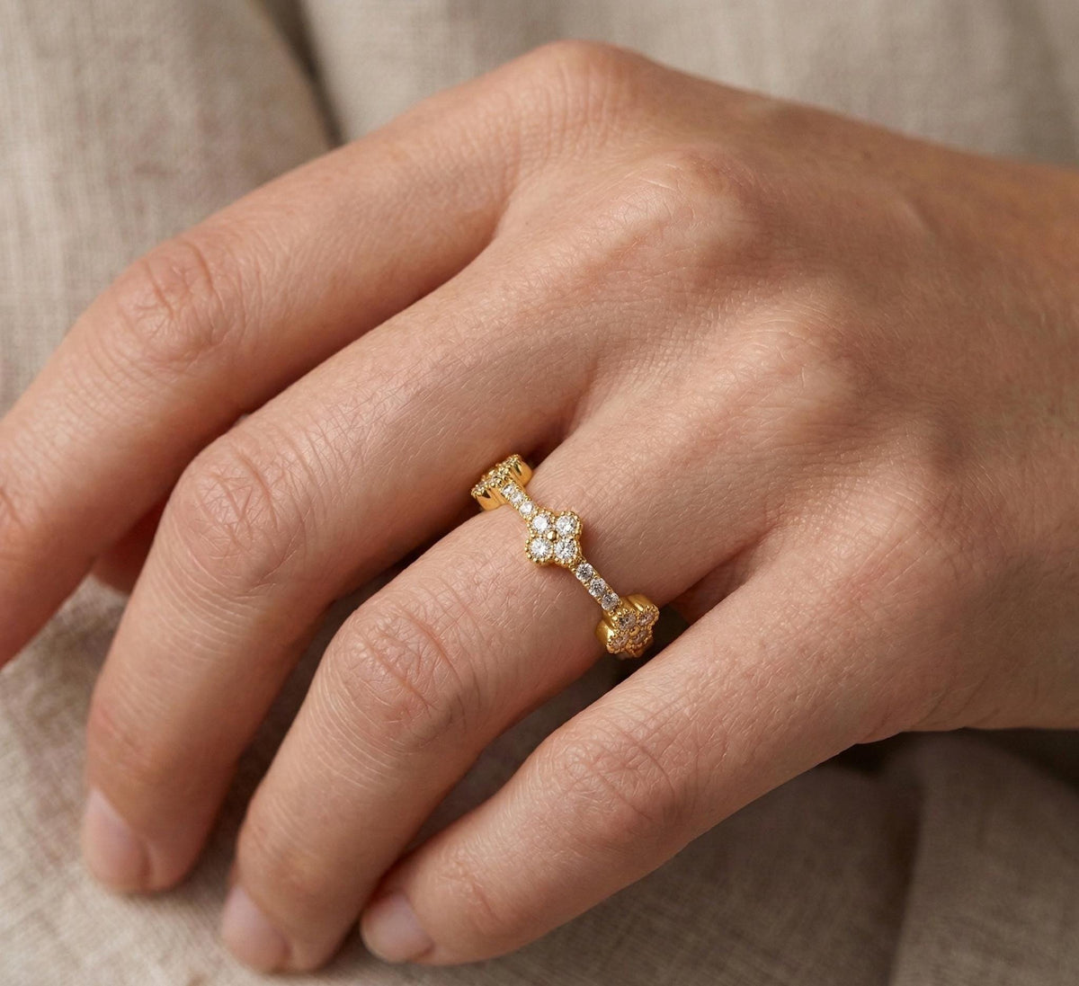 925 Sterling Silver Four Leaf Clover Diamond Ring, Gold Vermeil Floral Cluster Ring, Dainty Diamond Clover Band, Gift For Her,