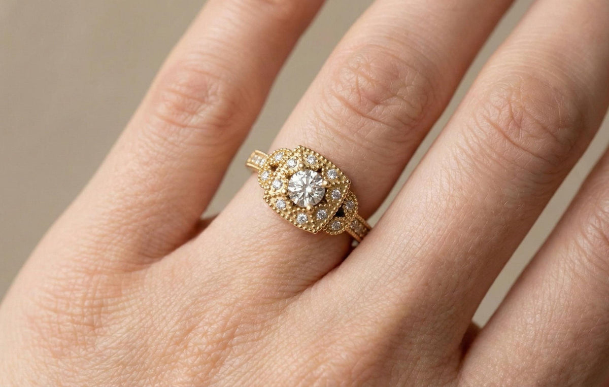 925 Sterling Silver Vintage Halo Engagement Ring for Women, Gold Plated Art Deco Diamond Ring, Promise Ring, Bridal Wedding Jewelry Gift