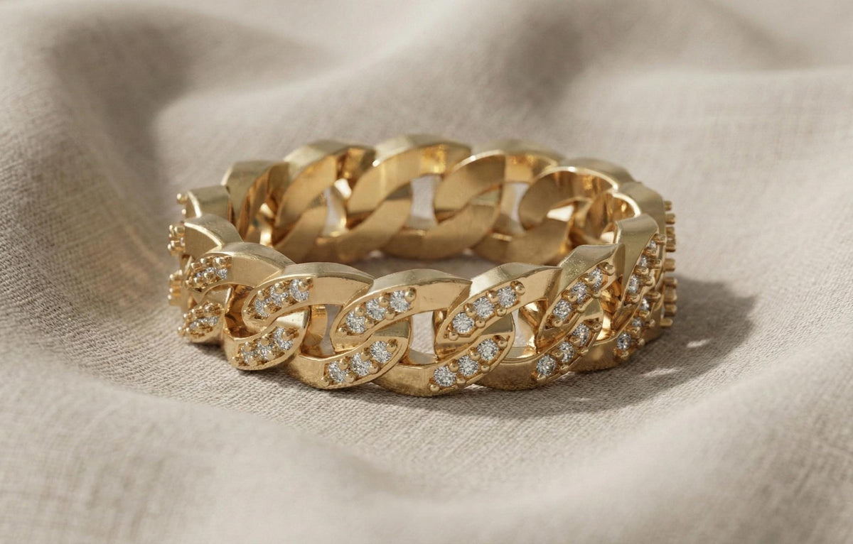 Gold Cuban Link Ring, Pave CZ Sterling Silver Chain Band