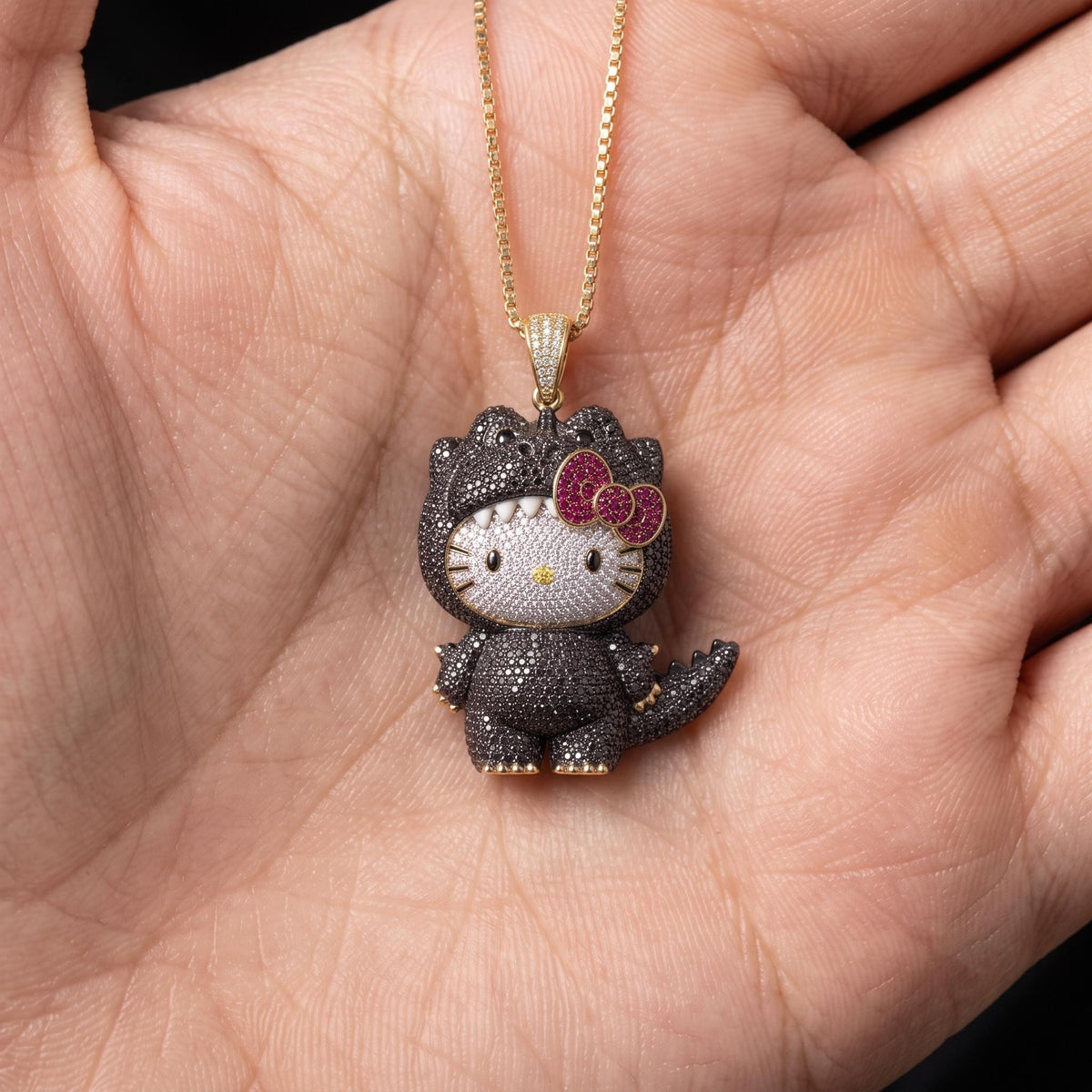 Rare Iced Out Kitty x Godzilla Pendant | 925 Sterling Silver, Yellow & Rose Gold Plated | Custom Monster Cat Charm Gift For her/him