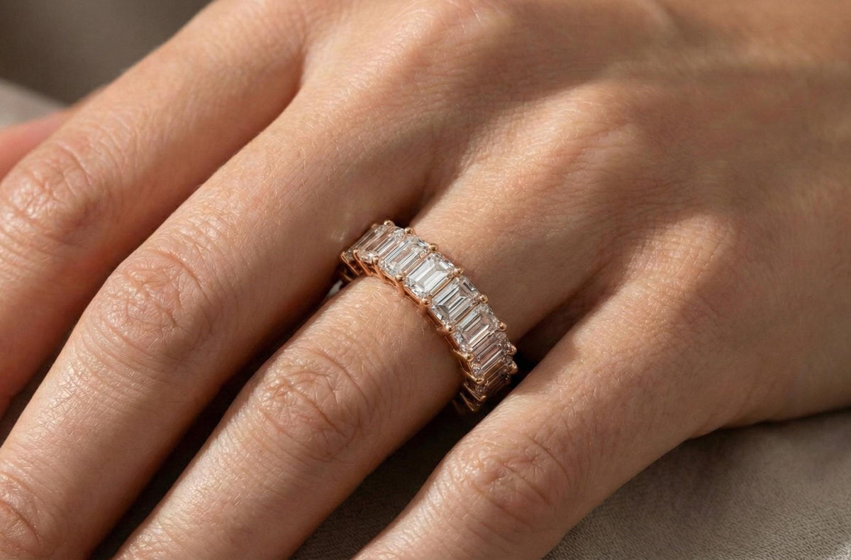 Sterling Silver Emerald Cut Moissanite Eternity Ring, Handmade Wedding Band
