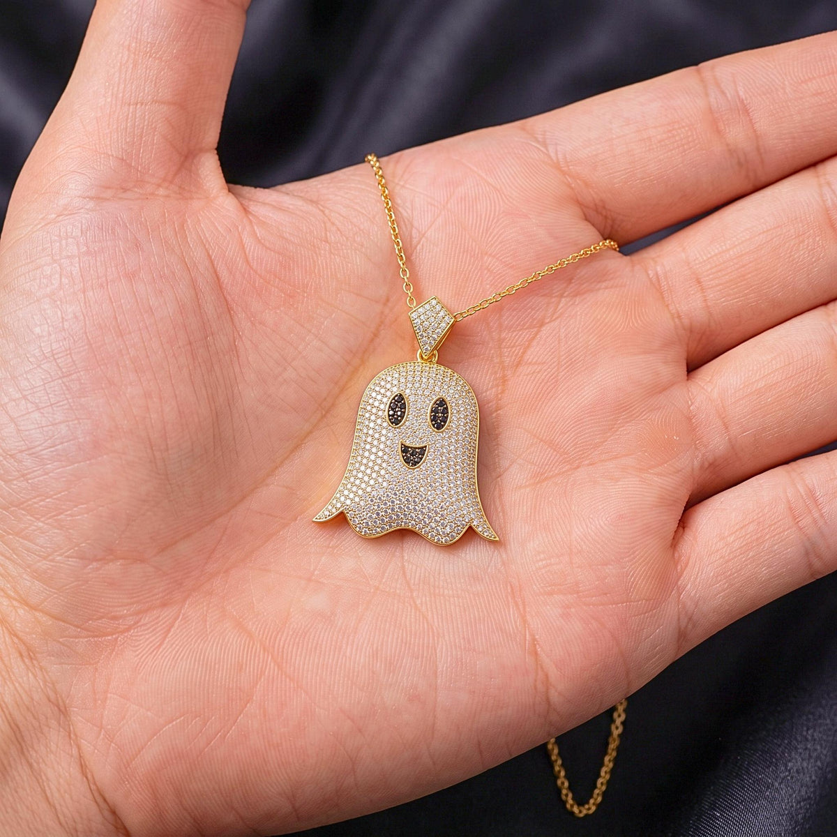 925 Sterling Silver Iced Out Ghost Pendant  | Rare Hip Hop Ghost Charm |  Gold Plated Micro-Pave CZ Jewelry | Halloween Gift for her/him