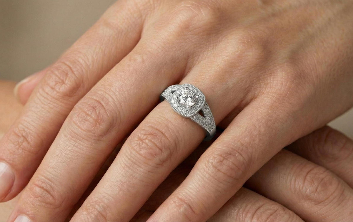 925 Sterling Silver Halo Engagement Ring, Round Cut Diamond Ring, Vintage Split Shank Promise Ring, Bridal Anniversary Gift for Her