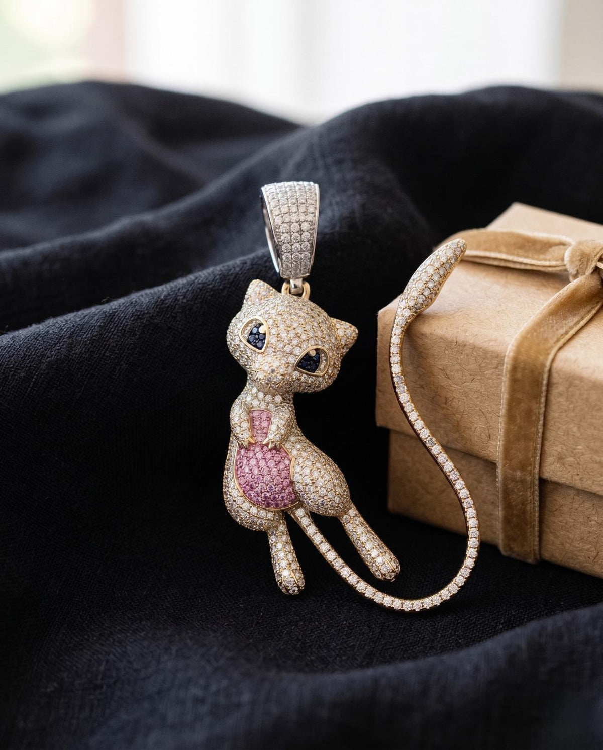Iced Out Mew Pendant, 925 Sterling Silver Micro Pave Anime Necklace, Pink Blue Gemstones
