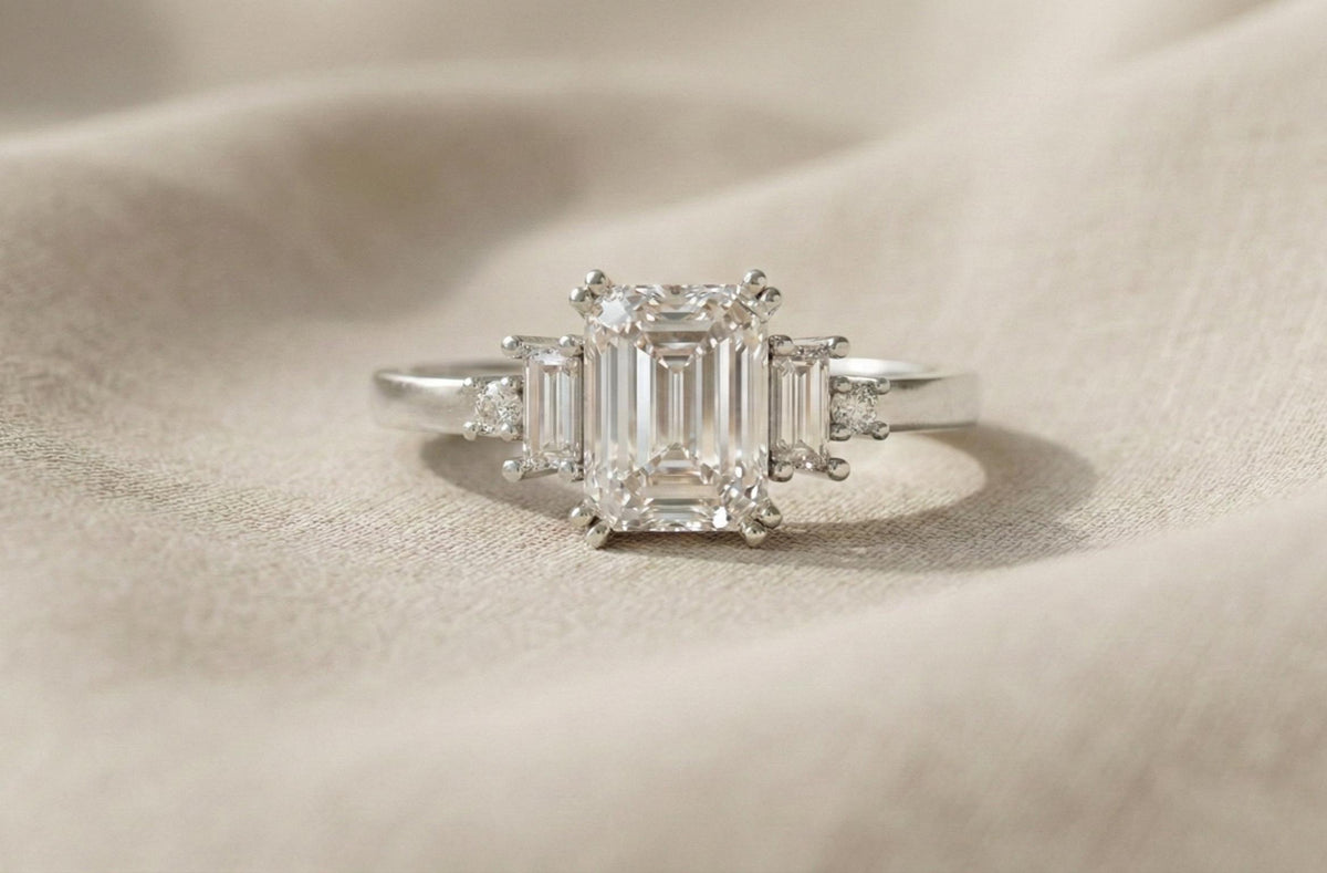 Emerald Cut Moissanite Ring, Sterling Silver Three Stone Engagement Ring