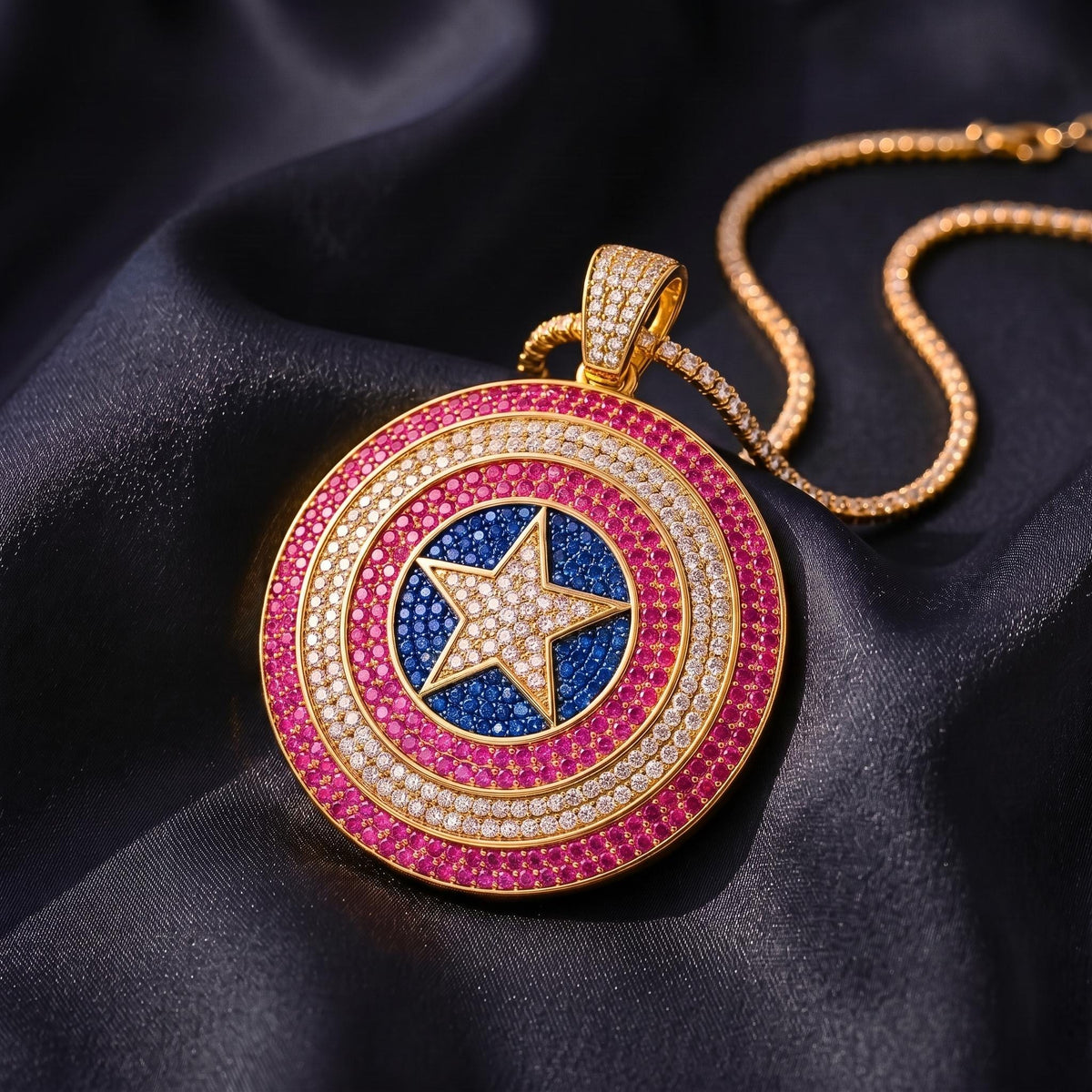 Iced Out Captain America Shield Pendant | Sterling Silver Pink CZ Avengers Necklace