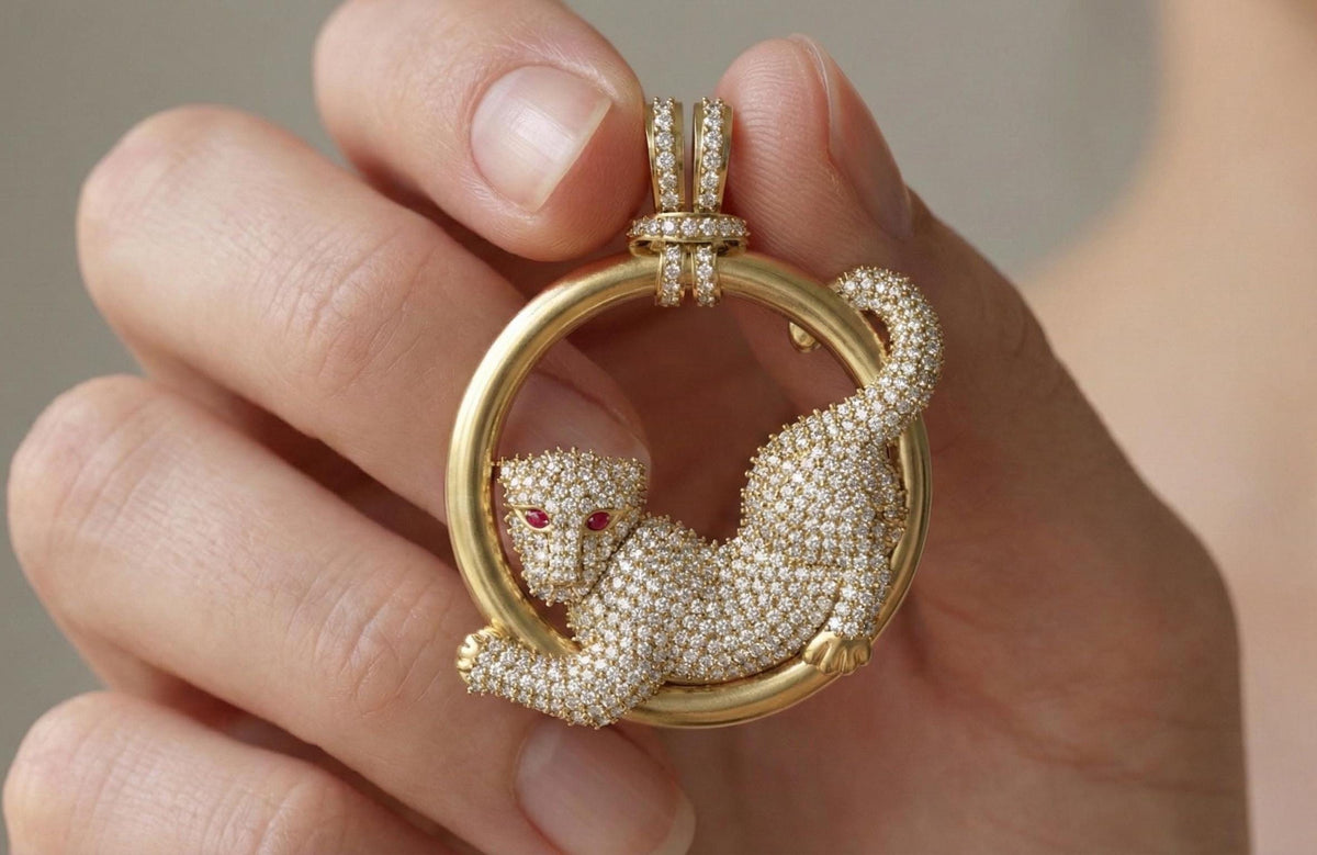 Sterling Silver Pave CZ Panther Necklace, Ruby Eye Leopard Pendant