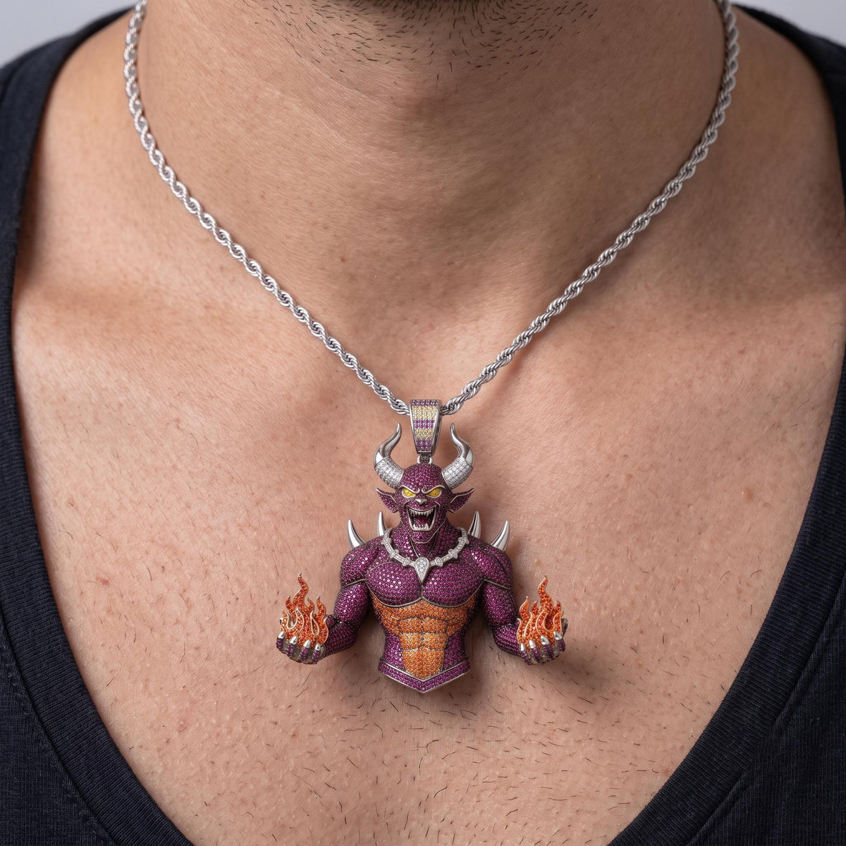 Rare Iced Out Demon Pendant | 925 Sterling Silver Halloween Jewelry | Yellow & Rose Gold Plated Hip Hop Devil Charm Gift for him/her
