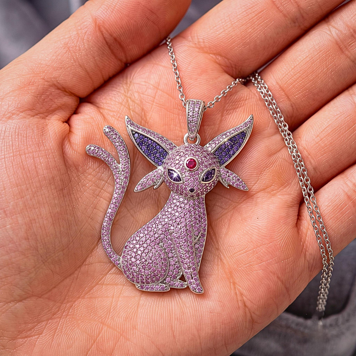 Rare Iced Out Espeon Pokémon Pendant 925 Sterling Silver • Custom Anime Psychic Cat Jewelry • Hip Hop Charm Geek Nostalgia Gift for her/him