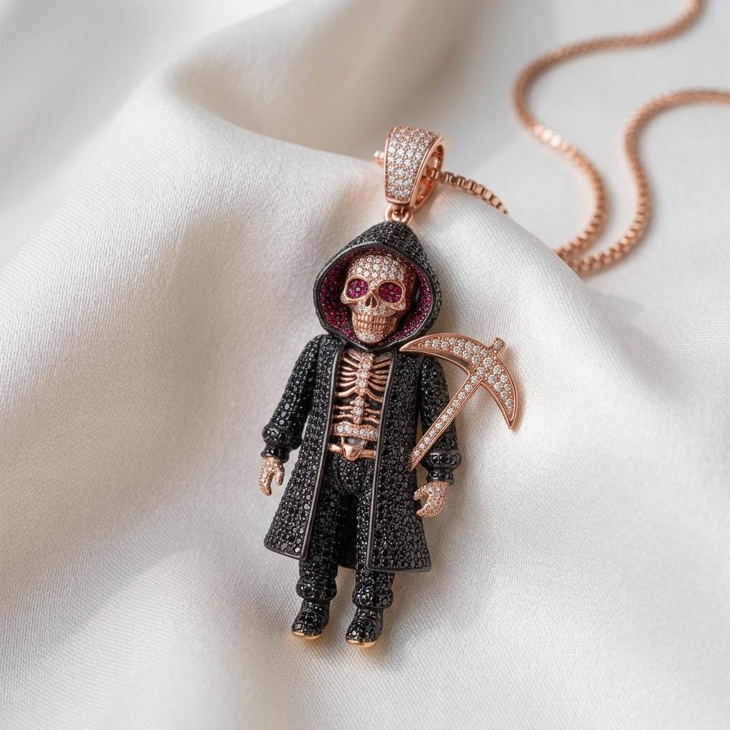 Rare Iced Out Grim Reaper Pendant | 925 Sterling Silver Halloween  Skeleton | Gold Plated Jewelry | Hip Hop Charm Gift for her/him