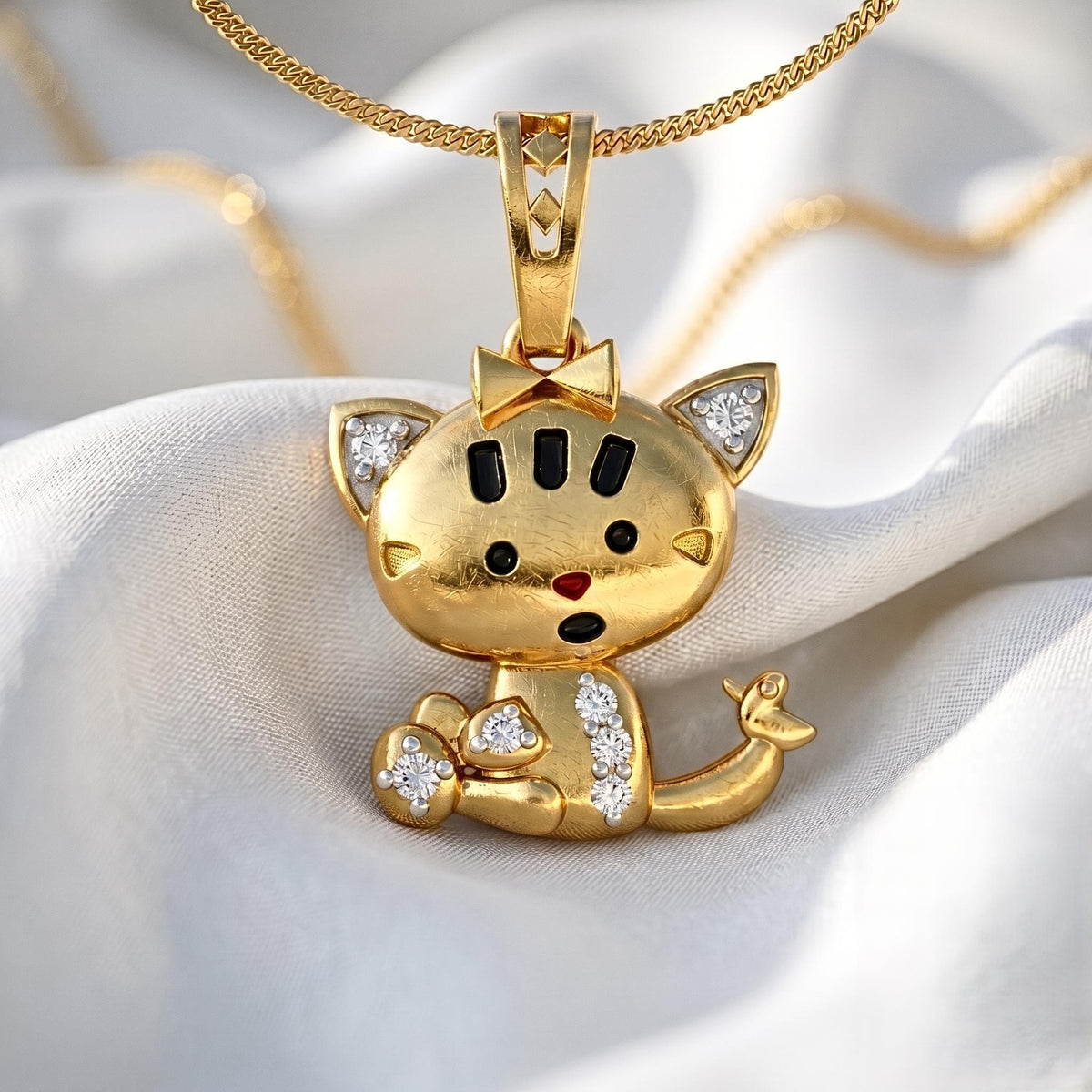 925 Sterling Silver Kitten Pendant with Bow | Whimsical Animal Charm for Kids