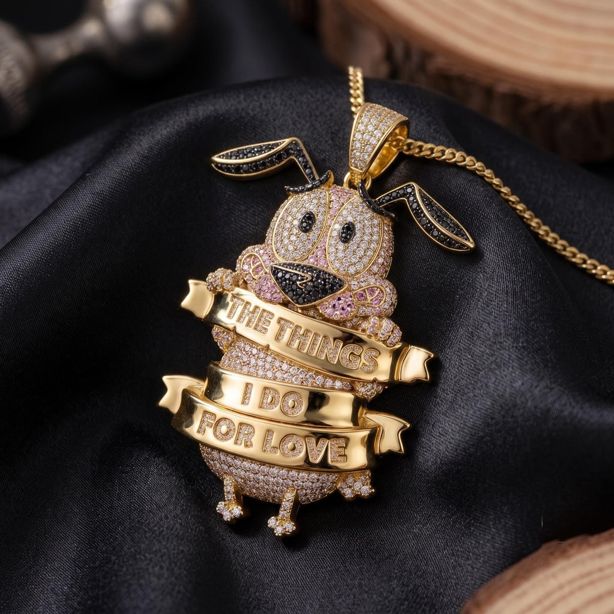 Rare Iced Out Nostalgic Cartoon Dog Pendant | 925 Sterling Silver  "The Things I Do For Love" | Gold Plated Hip Hop Jewelry Gift for her/him