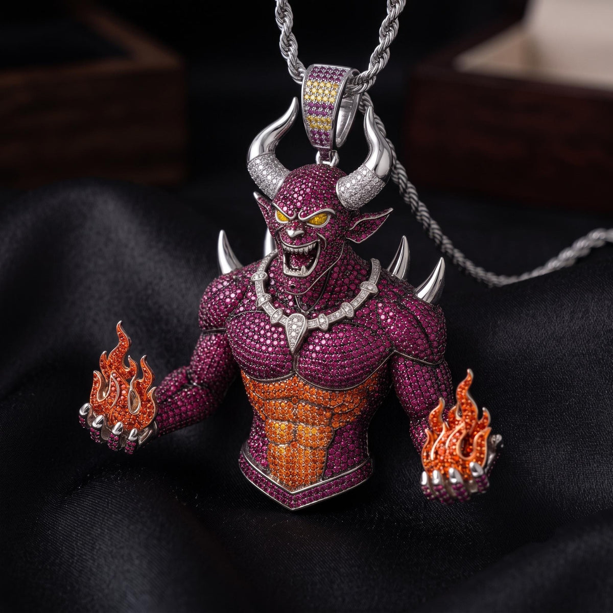 Rare Iced Out Demon Pendant | 925 Sterling Silver Halloween Jewelry | Yellow & Rose Gold Plated Hip Hop Devil Charm Gift for him/her