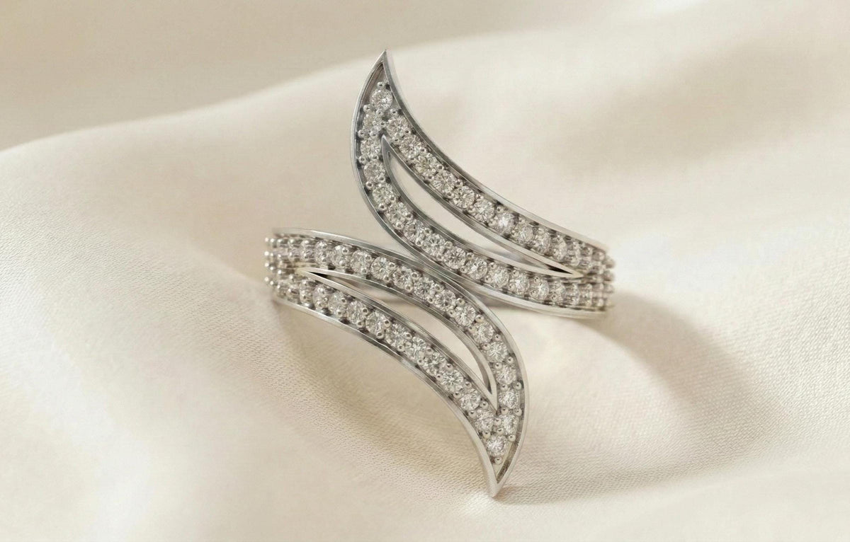 925 Sterling Silver Wave Ring with Cubic Zirconia | Modern Curved Statement Ring | Minimalist Luxury Gift for Women