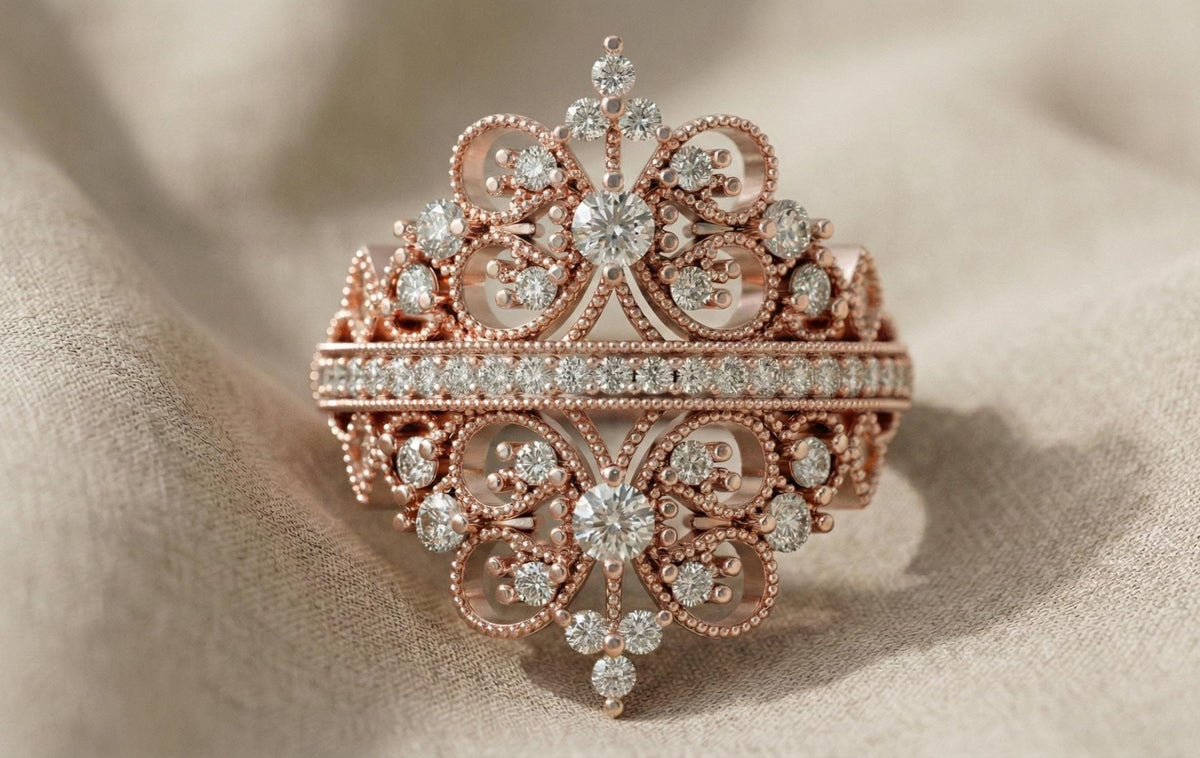Gold Butterfly Filigree Ring | Vintage Style Wide Band | Diamond Statement Ring | Victorian Revival Cocktail Ring | Floral Lace Wedding Ring