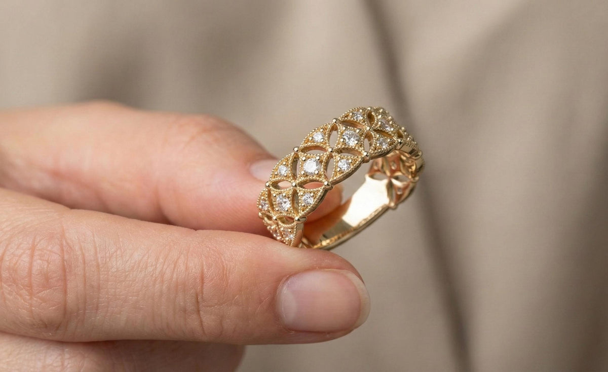 925 Sterling Silver Gold filigree Ring, Vintage Art Deco Wedding Band, Diamond Style Anniversary Ring, Handmade Statement Ring Gift for Her