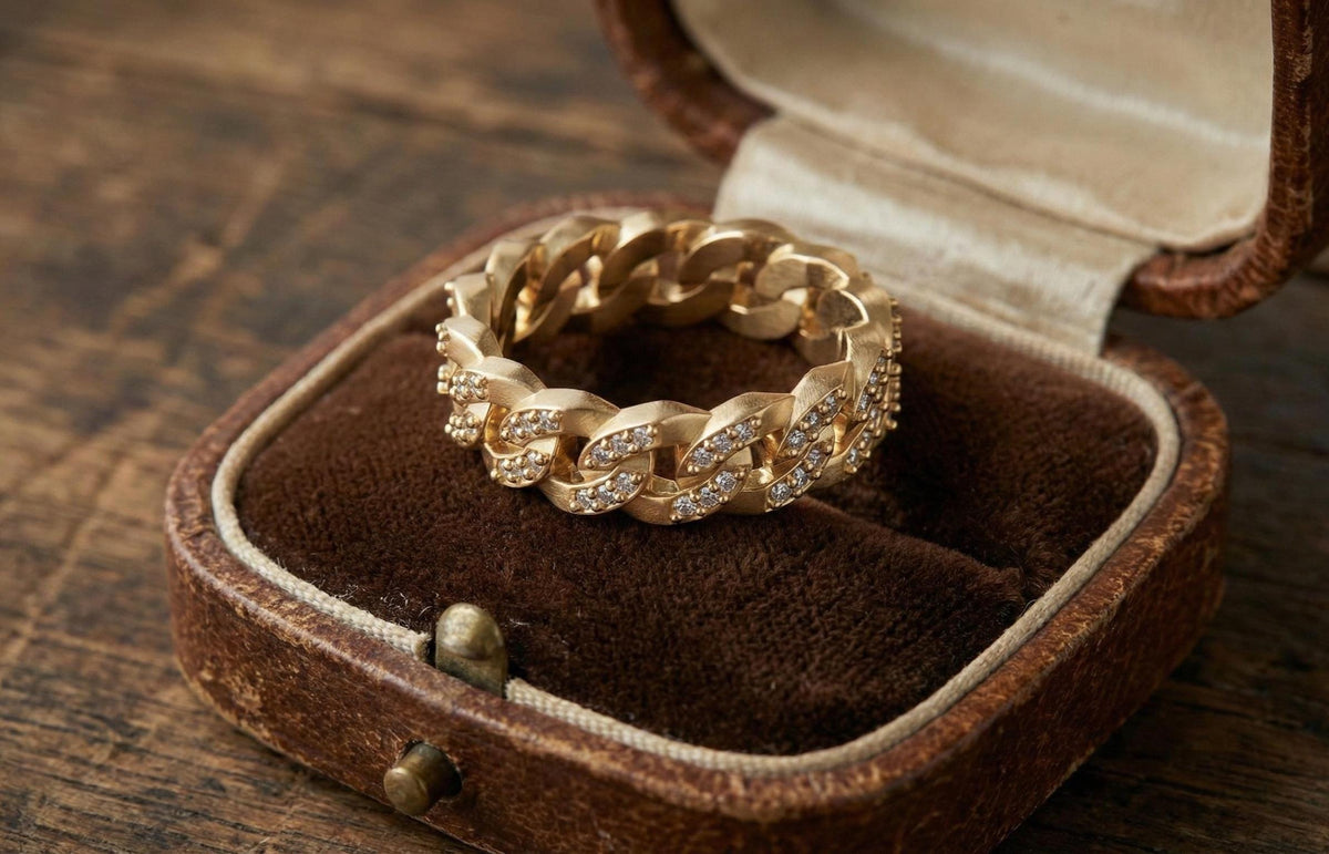 Gold Cuban Link Ring, Pave CZ Sterling Silver Chain Band