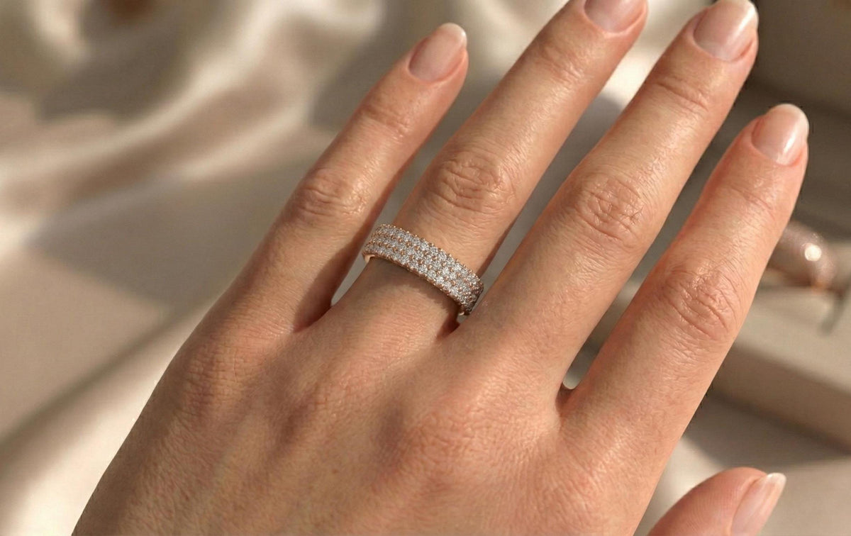 925 Sterling Silver Pave Diamond Band Ring, Gold Plated Wedding Band, Micro Pave CZ Eternity Ring, Anniversary Promise Ring, Gift For Her