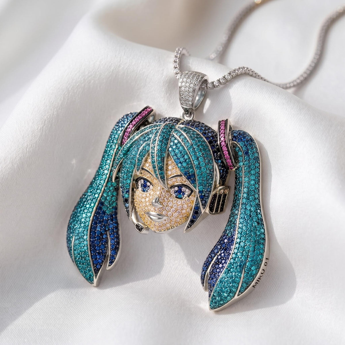 Iced Out Hatsune Miku Pendant , Inspired by north west | 925 Sterling Silver Anime Jewelry | Custom Hip Hop Anime | Gold Plated gift for her