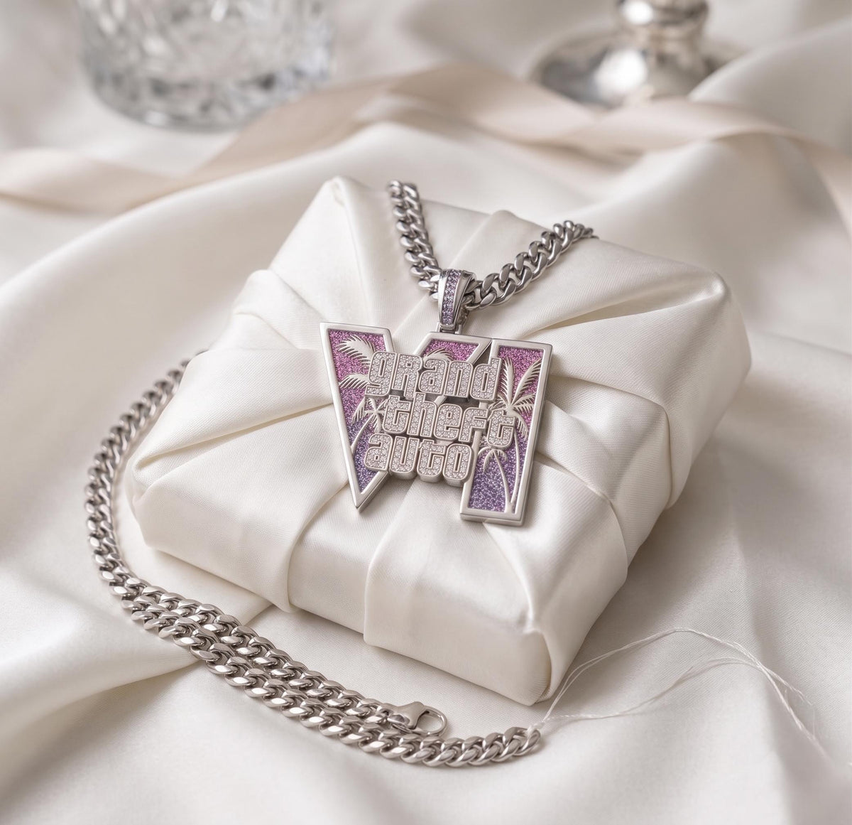 925 Silver GTA 6 Vice City Pendant, Gold Plated 6A CZ Iced Out Necklace, Grand Theft Auto Hip Hop Jewelry, Gamer Bling Chain Gift for Men