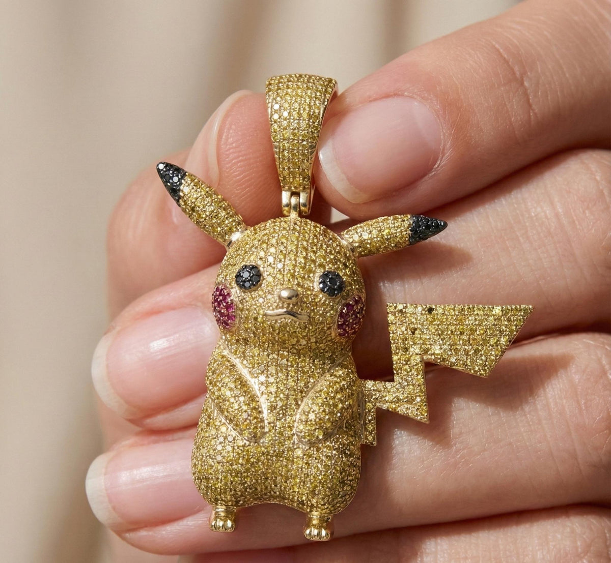Iced Out Pikachu Pendant, 14k Gold, CZ Sterling Silver Necklace
