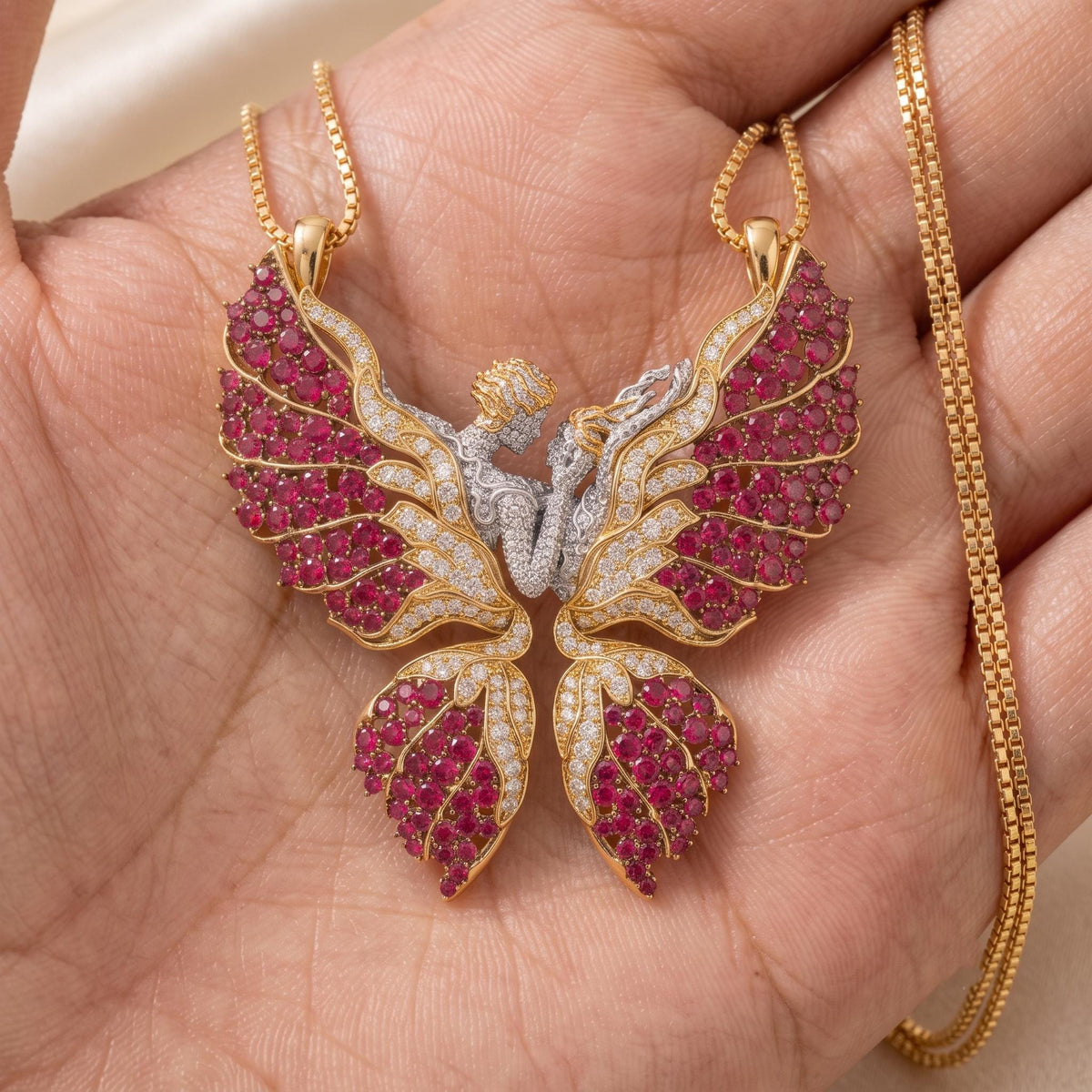 Rare Iced Out Angel Wing Pendant • 925 Sterling Silver Butterfly Necklace • Yellow & Rose Gold Plated • Rare  Love Jewelry Gift for her/him