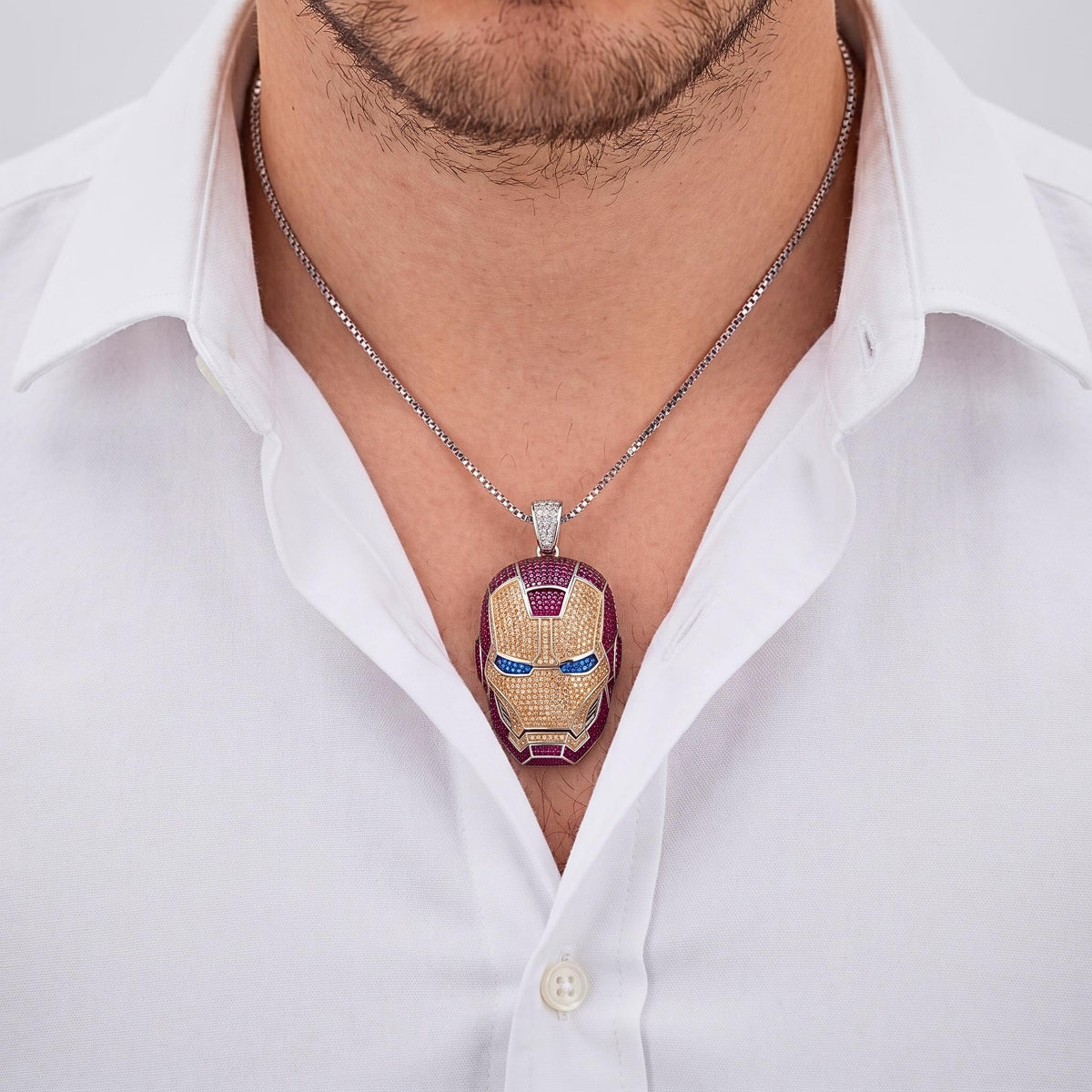 Rare Iced Out Iron Man Mask Pendant | 925 Sterling Silver & Yellow Gold Plated Avengers Jewelry | Rare  Superhero Necklace Gift for her/him