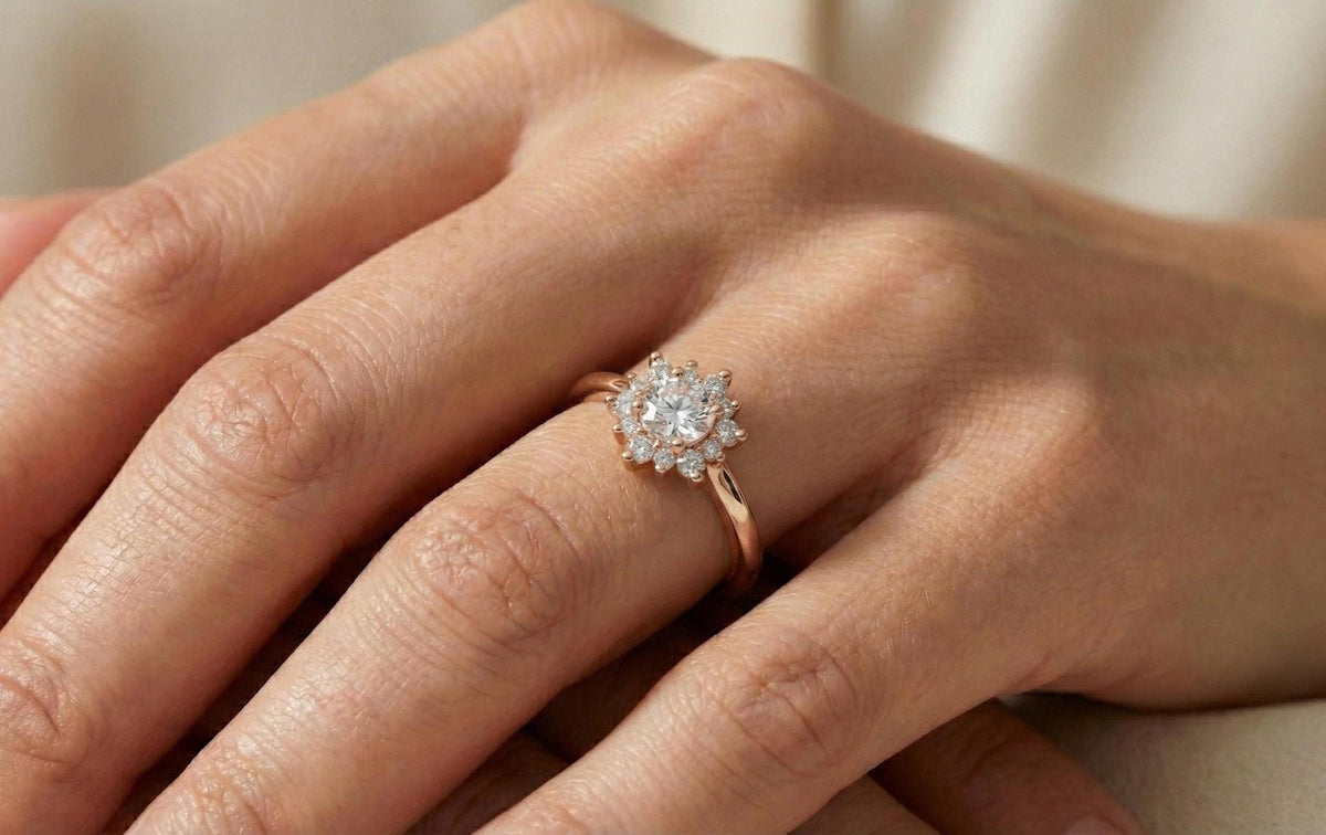 925 Sterling Silver Halo Engagement Ring, Gold Plated Floral Diamond Ring, Round Cut Promise Ring, Dainty Bridal Ring,  Gift for Women