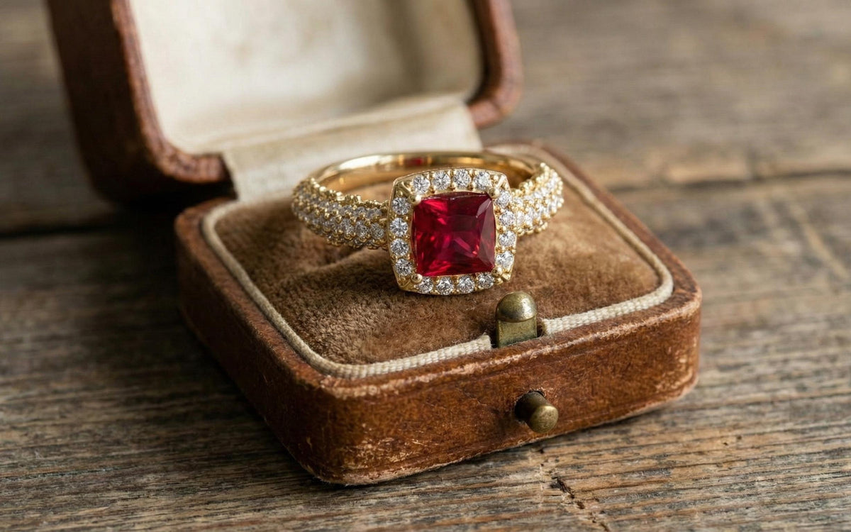 925 Sterling Silver Red Ruby Engagement Ring, Princess Cut Halo Diamond Ring, Gold Plated Statement Ring for Women, Gift for Her