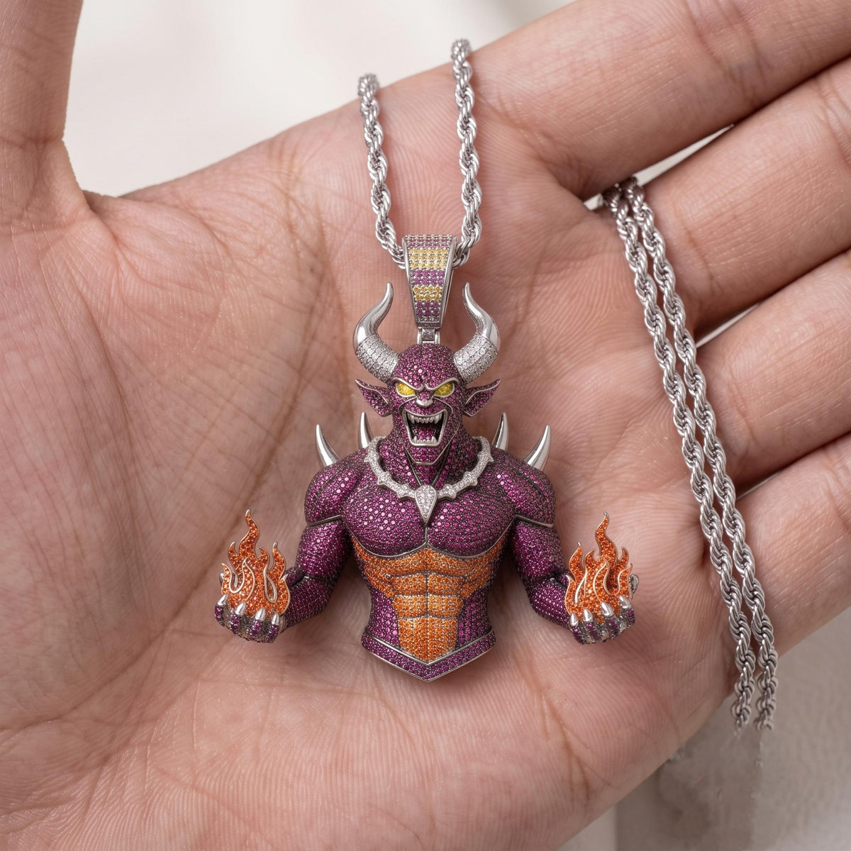 Rare Iced Out Demon Pendant | 925 Sterling Silver Halloween Jewelry | Yellow & Rose Gold Plated Hip Hop Devil Charm Gift for him/her