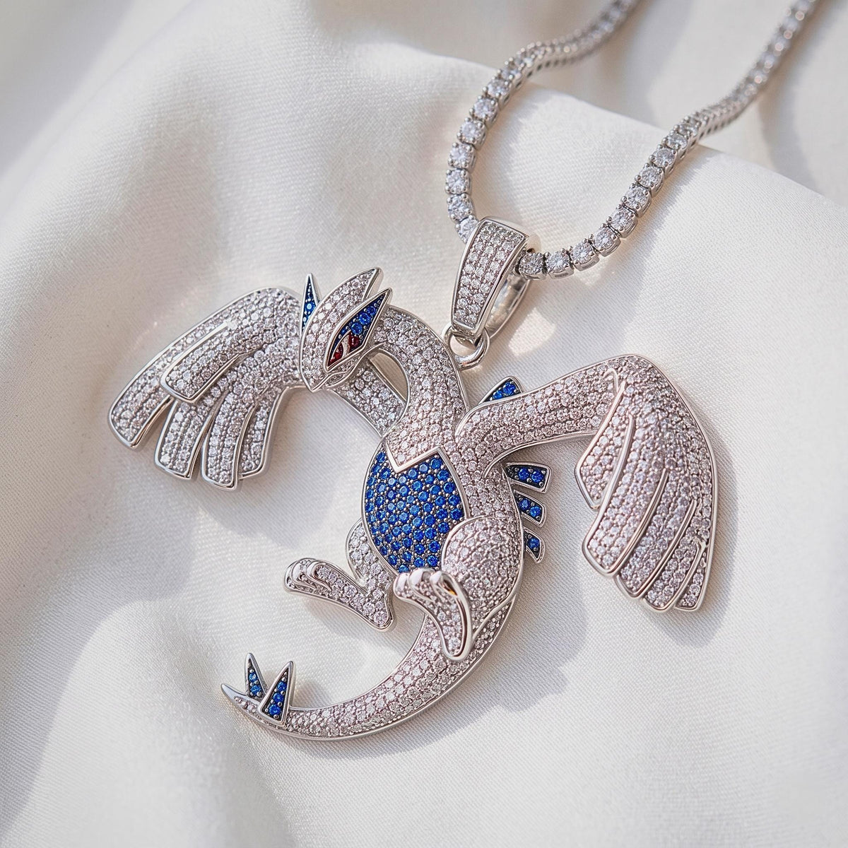 TRare Iced Out Lugia Pokemon Pendant | 925 Sterling Silver Anime Jewelry | Legendary Gamer Charm | Custom Pop Culture Bling Gift for her/him