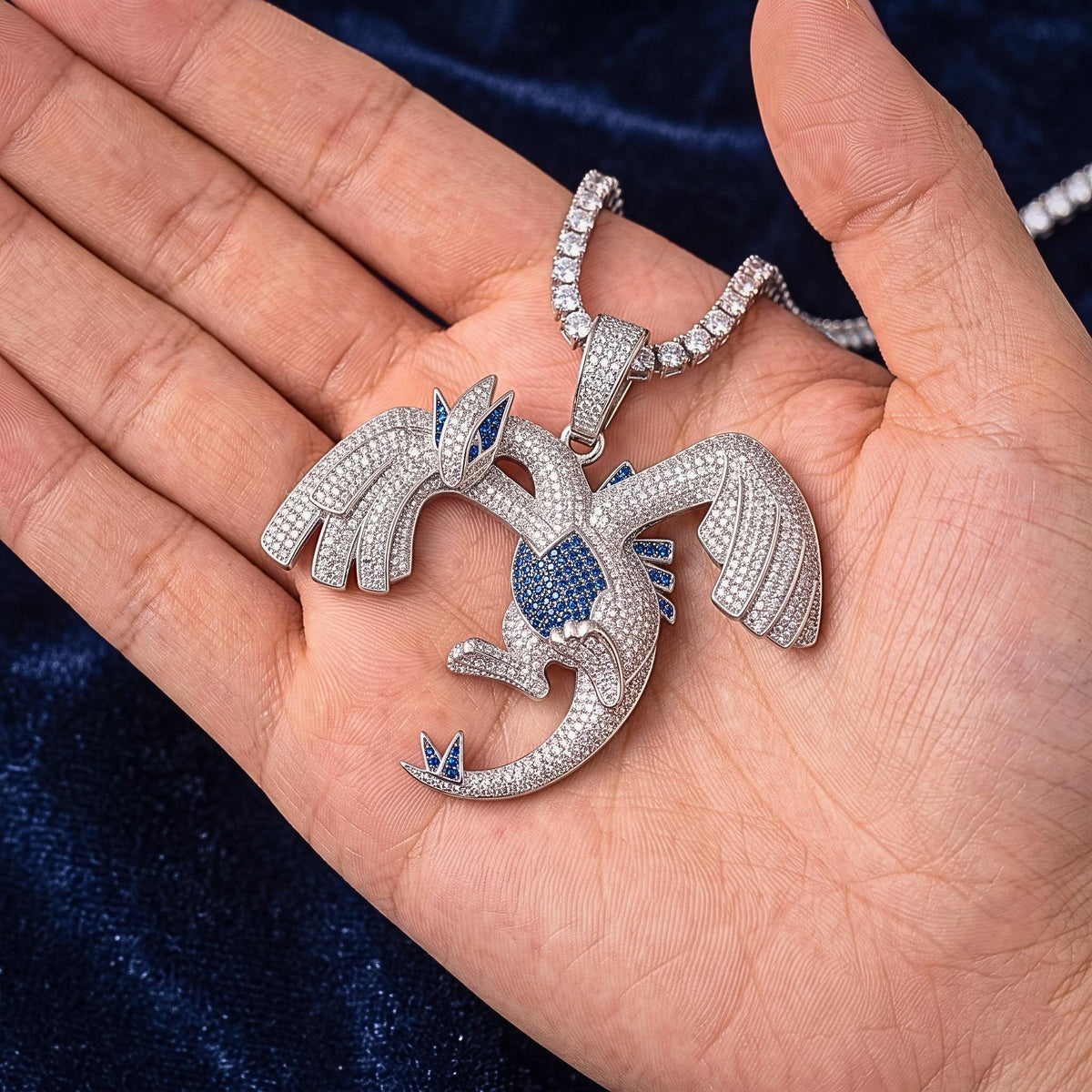 TRare Iced Out Lugia Pokemon Pendant | 925 Sterling Silver Anime Jewelry | Legendary Gamer Charm | Custom Pop Culture Bling Gift for her/him