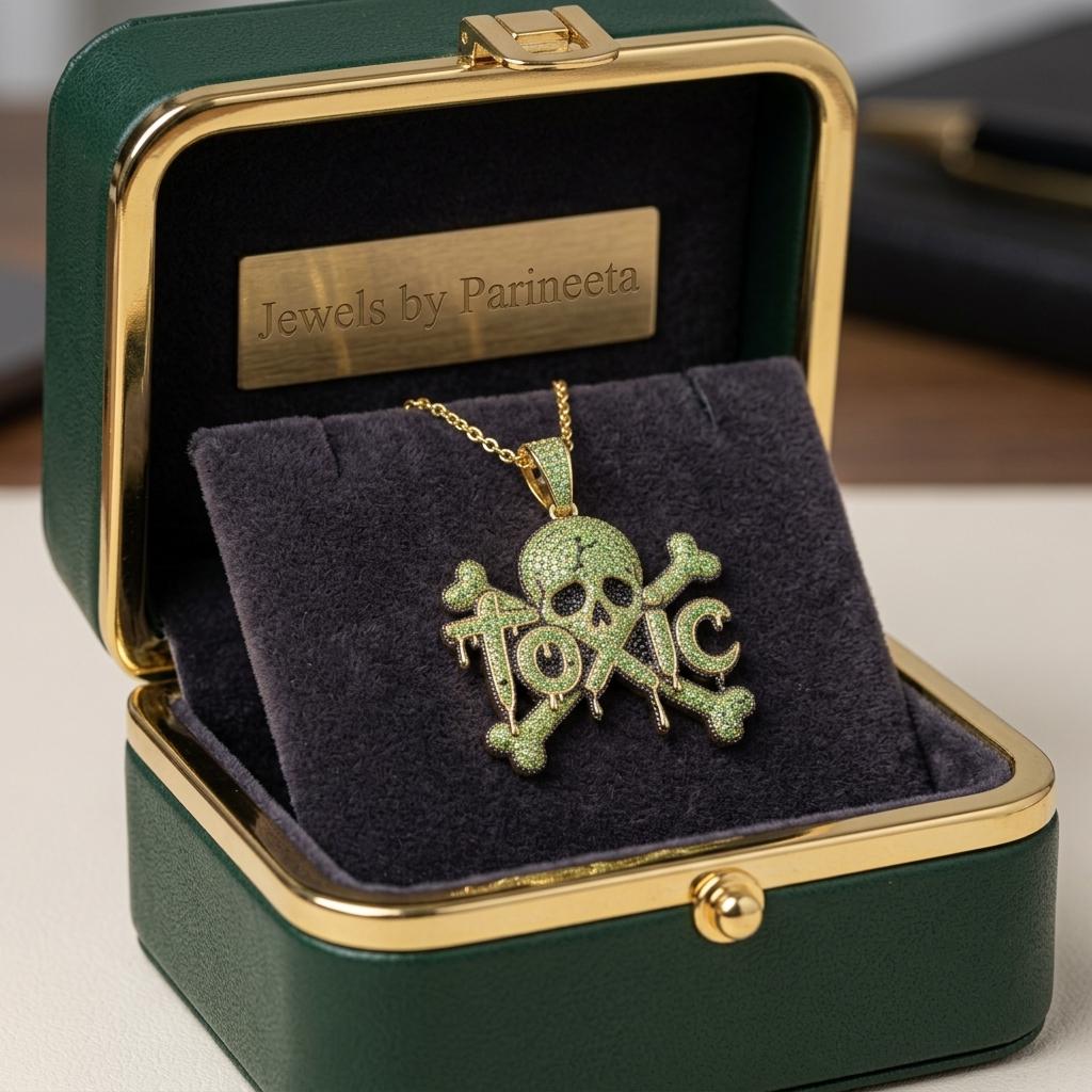 Rare Iced Out Toxic Skull Pendant | 925 Sterling Silver Dripping Letter Halloween Jewelry | Cool Hip Hop Statement Gift for her/him