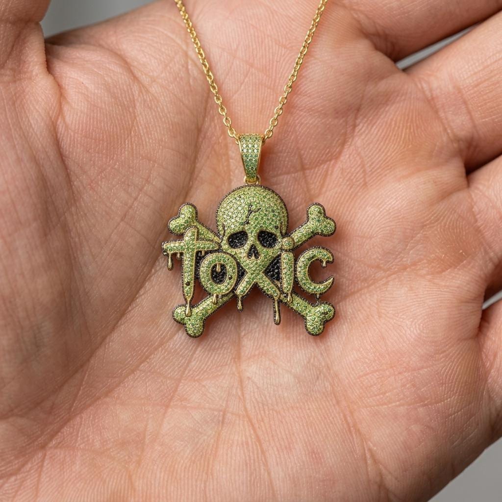 Rare Iced Out Toxic Skull Pendant | 925 Sterling Silver Dripping Letter Halloween Jewelry | Cool Hip Hop Statement Gift for her/him