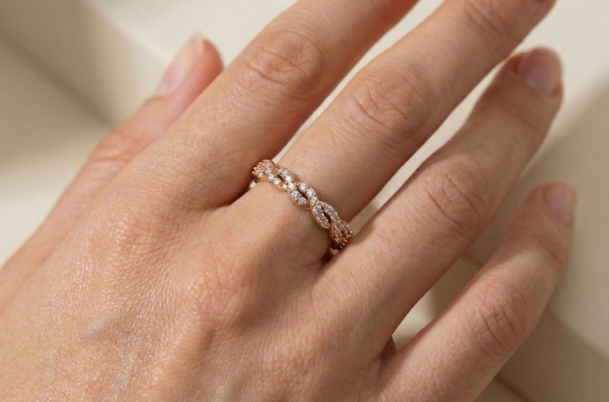 925 Sterling Silver Braided Diamond Ring, Gold Plated Infinity Twist Band, Dainty Wedding Band, Promise Ring, Anniversary Gift for Her