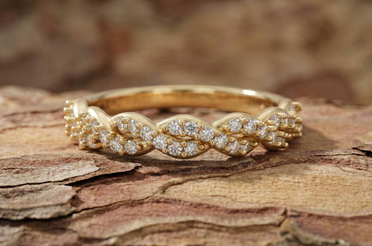 925 Sterling Silver Braided Diamond Ring, Gold Plated Infinity Twist Band, Dainty Wedding Band, Promise Ring, Anniversary Gift for Her