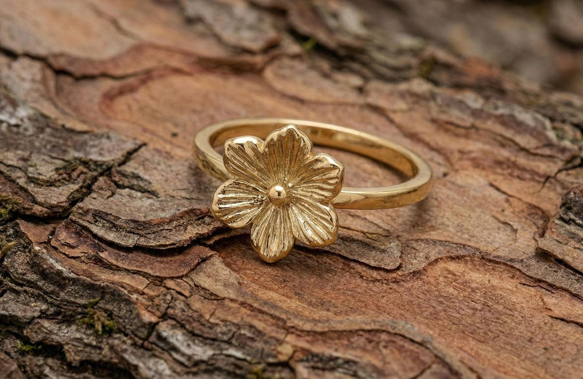 Handmade 925 Sterling Silver Flower Ring | Gold Finish Botanical Jewelry
