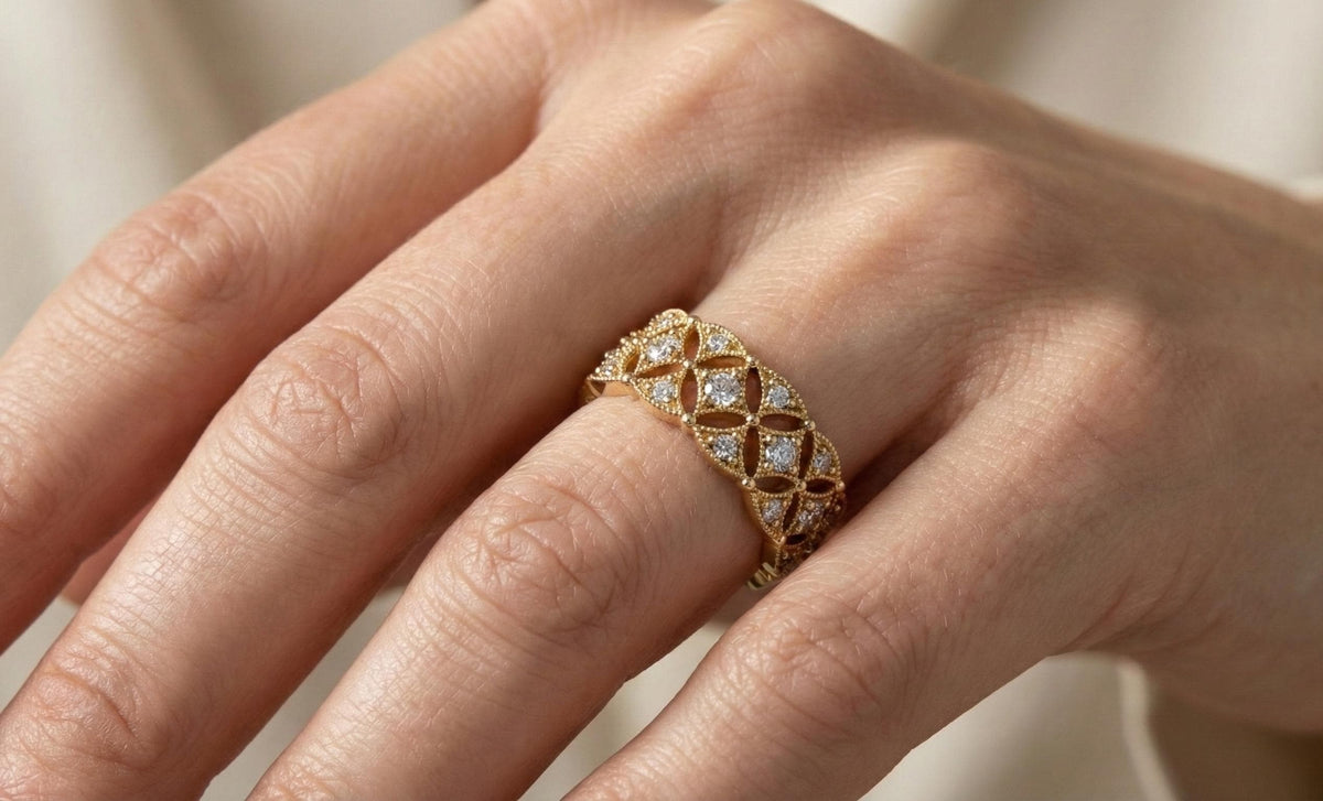 925 Sterling Silver Gold filigree Ring, Vintage Art Deco Wedding Band, Diamond Style Anniversary Ring, Handmade Statement Ring Gift for Her