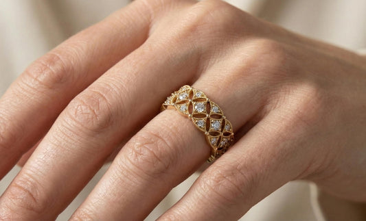 925 Sterling Silver Gold filigree Ring, Vintage Art Deco Wedding Band, Diamond Style Anniversary Ring, Handmade Statement Ring Gift for Her