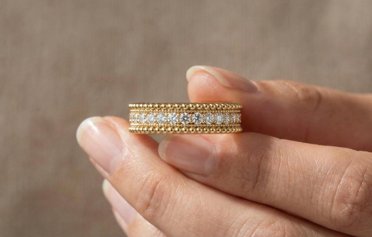 925 Sterling Silver Beaded Eternity Band Ring, Gold Plated Diamond CZ Stackable Ring, Milgrain Wedding Band, Minimalist Promise Ring