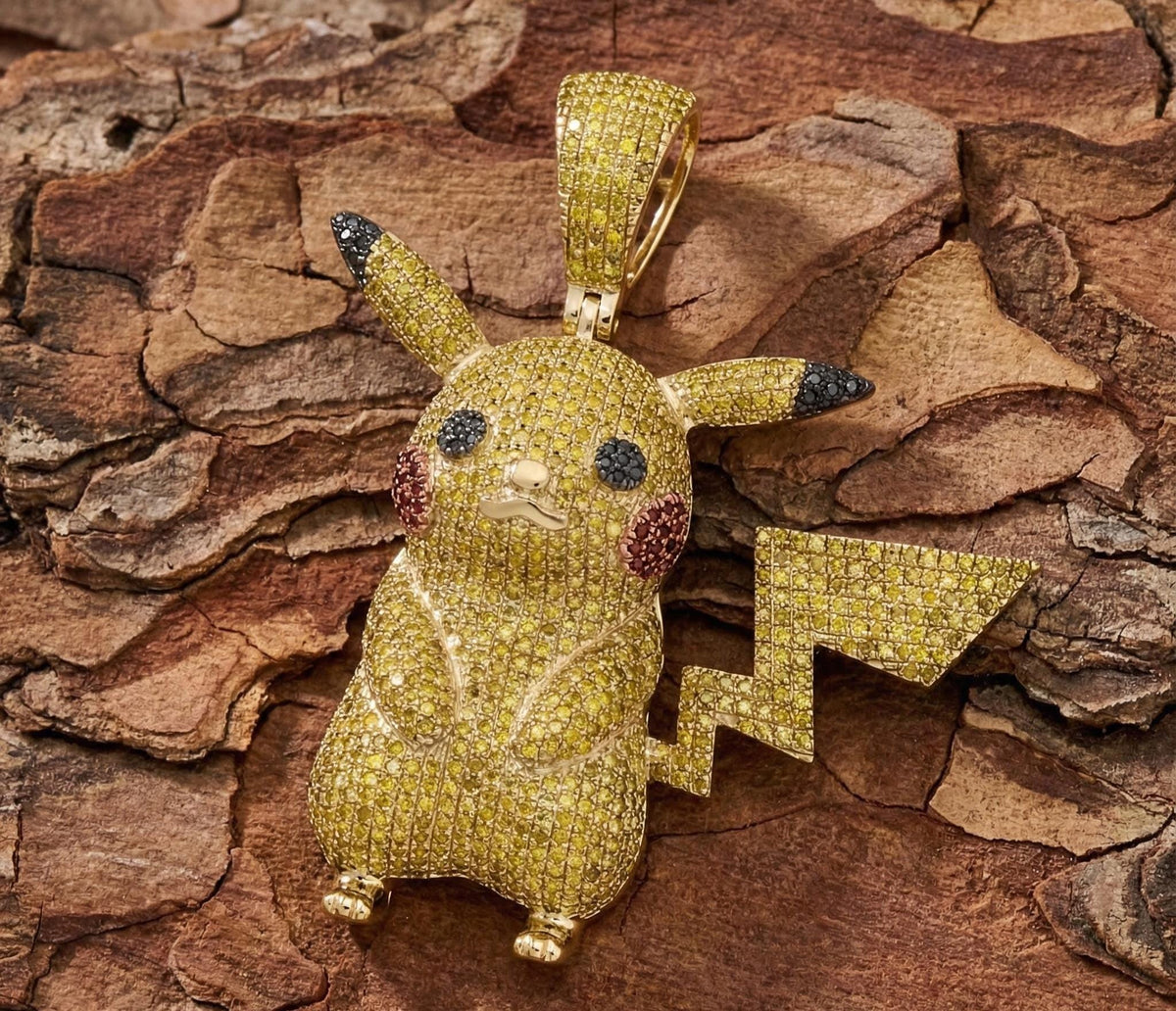 Iced Out Pikachu Pendant, 14k Gold, CZ Sterling Silver Necklace
