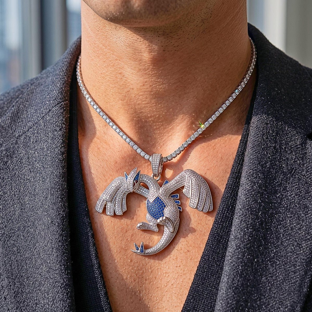 TRare Iced Out Lugia Pokemon Pendant | 925 Sterling Silver Anime Jewelry | Legendary Gamer Charm | Custom Pop Culture Bling Gift for her/him