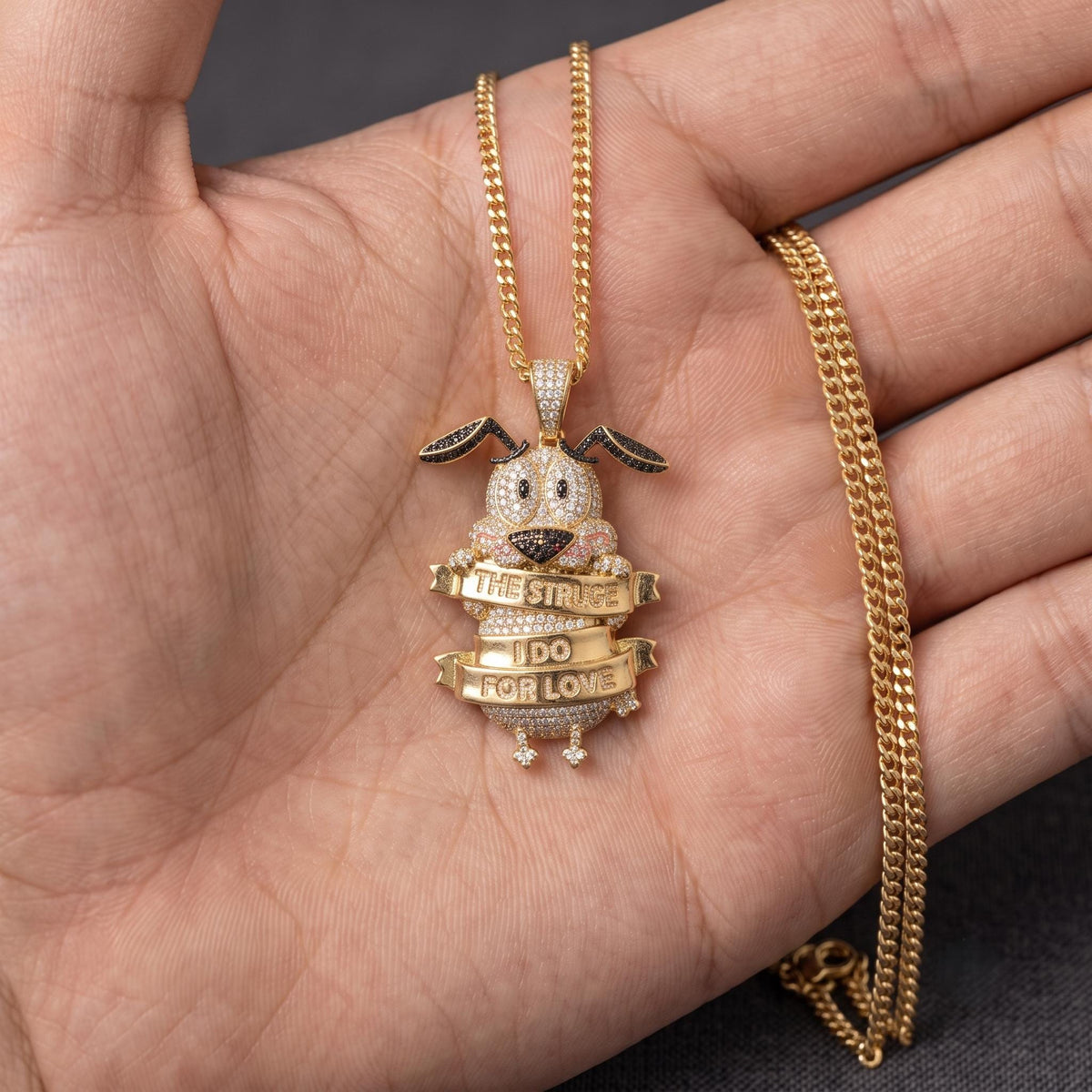 Rare Iced Out Nostalgic Cartoon Dog Pendant | 925 Sterling Silver  "The Things I Do For Love" | Gold Plated Hip Hop Jewelry Gift for her/him
