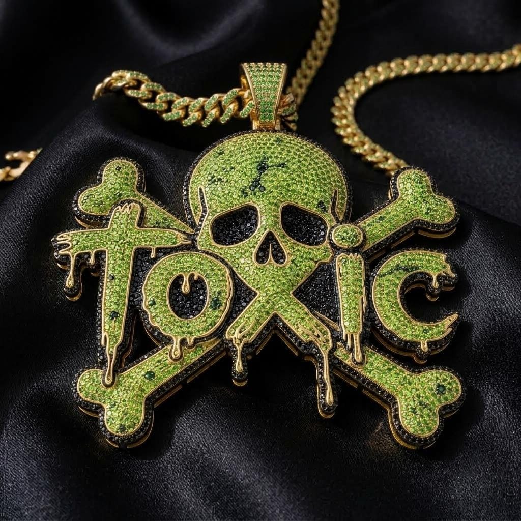 Rare Iced Out Toxic Skull Pendant | 925 Sterling Silver Dripping Letter Halloween Jewelry | Cool Hip Hop Statement Gift for her/him